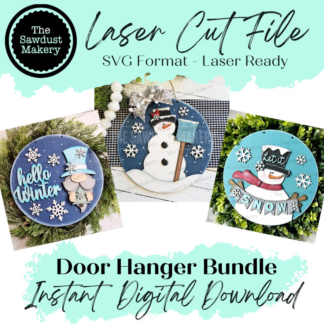 Snowman Winter Door Hanger Bundle Laser File | Snowman SVG | Gnome | Round Door Hanger Bundle | Laser SVG Bundle File | Winter SVG