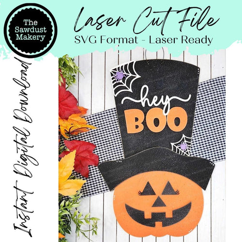 Hey Boo Pumpkin Head Halloween Door Hanger | Halloween | Door Hanger | SVG File | Laser Cut File | Fall SVG Decor | Spiderweb SVG