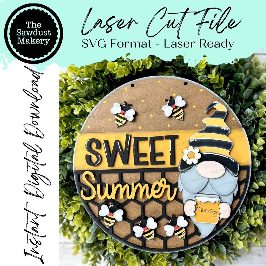 Sweet Summer Bee Gnome Door Hanger SVG File | Bee Hive SVG | Laser Cut File | Glowforge | Bee SVG File | Honey | Bees | Honey Bee Gnome