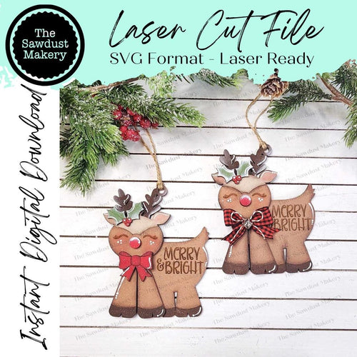 Merry & Bright Reindeer Christmas Ornament SVG File | Laser Cut File | Christmas Ornament SVG | Ornament SVG | Reindeer Laser Svg