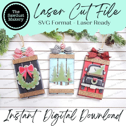 Farmhouse Christmas Pallet Ornament Bundle Laser Cut SVG File | Christmas Ornament SVG | Ornament Bundle SVG | Tree Farm Christmas Ornament