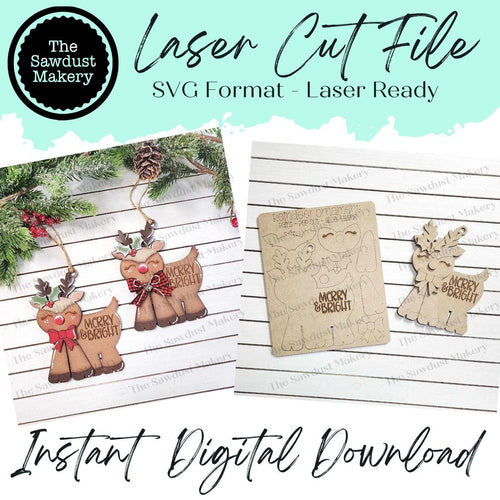 Merry & Bright Reindeer Christmas Ornament SVG File | Laser Cut File | Pop-Out Christmas Ornament SVG | Ornament SVG | Reindeer Laser Svg