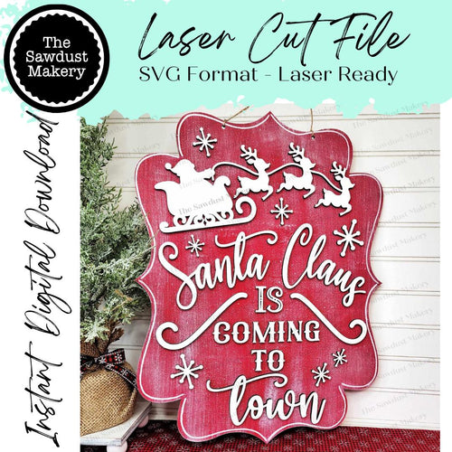 Santa Claus Sign Door Hanger SVG File | Laser Cut File | Glowforge | Santa's Sleigh SVG | Reindeer SVG | Christmas Eve Sign svg