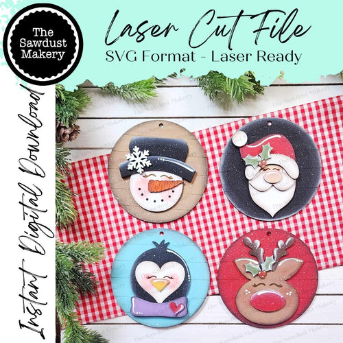 Christmas Cheer Ornament Bundle SVG File | Laser Cut File | Christmas Ornament SVG | Santa svg | Reindeer svg | Penguin svg | Snowman svg