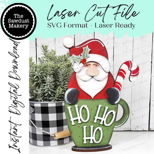 Ho Ho Ho Santa Cocoa Mug SVG File | Laser Cut File | Santa SVG | Hot Cocoa Bar SVG | Santa Shelf Sitter Digital Cut File
