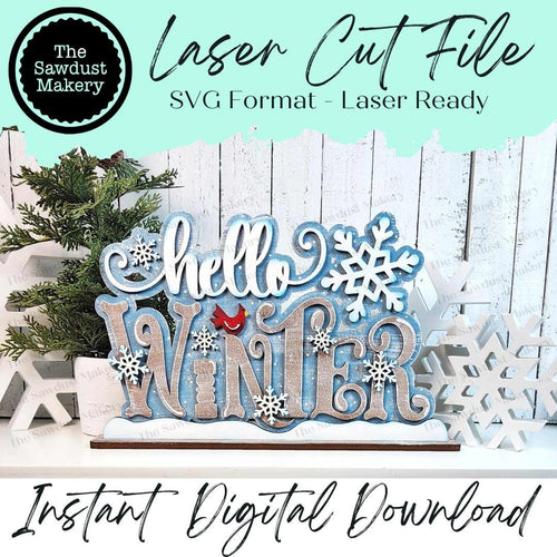 Hello Winter Shelf Sitter Standing Sign File SVG | Winter Laser Cut File | Winter Mantle decor | Christmas SVG | Winter SVG | Word Art Svg