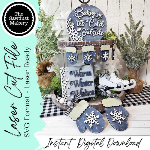 Winter Wonderland Decor Set Tiered Tray SVG File | Laser Cut File | Glowforge | Winter | Skates | Mittens | Winter Shelf Sitter SVG