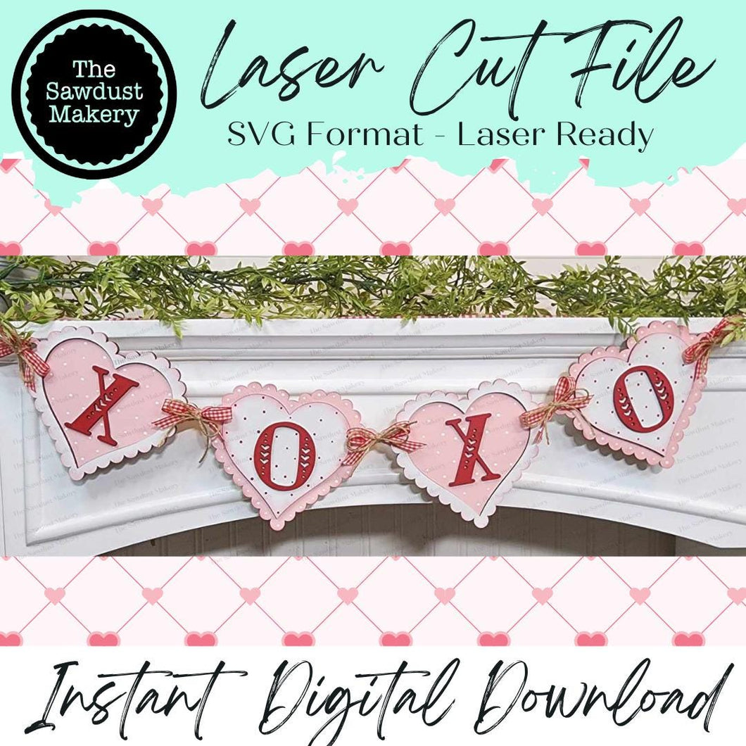 XOXO Heart Valentine Banner SVG | Laser Cut File | Glowforge | Valentine's Day SVG | Valentine Heart svg | Banner | Love | Valentine