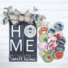 Load image into Gallery viewer, Interchangeable Home Sweet Home Pallet Door Hanger Sign SVG | Laser Cut File | 3&quot; Round Insert Frame | Seasonal Interchangeable SVG
