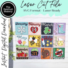 Load image into Gallery viewer, Twelve Month Sign Bundle Laser Cut File | Laser Cut File | Interchangeable Frame | All Year Sign Inserts | Sign SVG | Seasonal Sign Bundle
