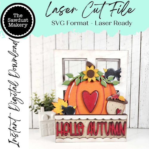 Add-on for Interchangeable Window Box | Hello Autumn Fall Window Box Insert SVG | Laser Cut File | Window Box Shelf Sitter