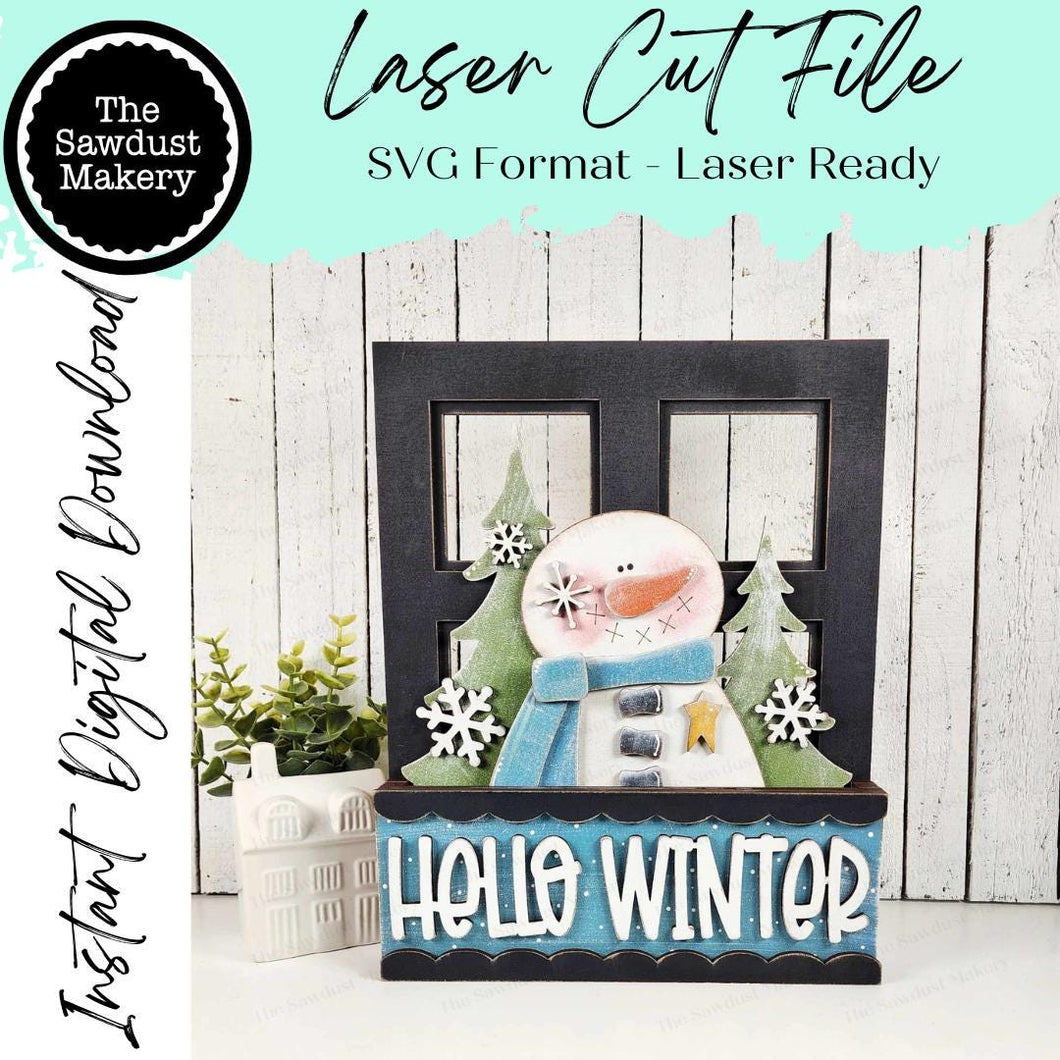 Add-on for Interchangeable Window Box | Snowman Hello Winter Window Box Insert SVG | Laser Cut File | Window Box Shelf Sitter