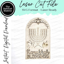 Load image into Gallery viewer, Interchangeable Large Arched Boho Sign Insert | Hanukkah Blessings | SVG Laser Cut File | Boho Signs | Seasonal Interchangeable SVG
