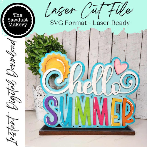Hello Summer Word Art Shelf Sitter Standing Sign File SVG | Summer Laser Cut File | Summer Mantle decor | Summer Shelf Sitter SVG