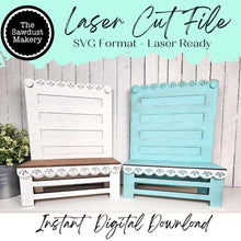 Load image into Gallery viewer, Farmhouse Scallop Trim Chair Display Stand SVG | Display Bench SVG | Laser Cut File | Tiered Tray Holder SVG | Home Decor Mantle svg file
