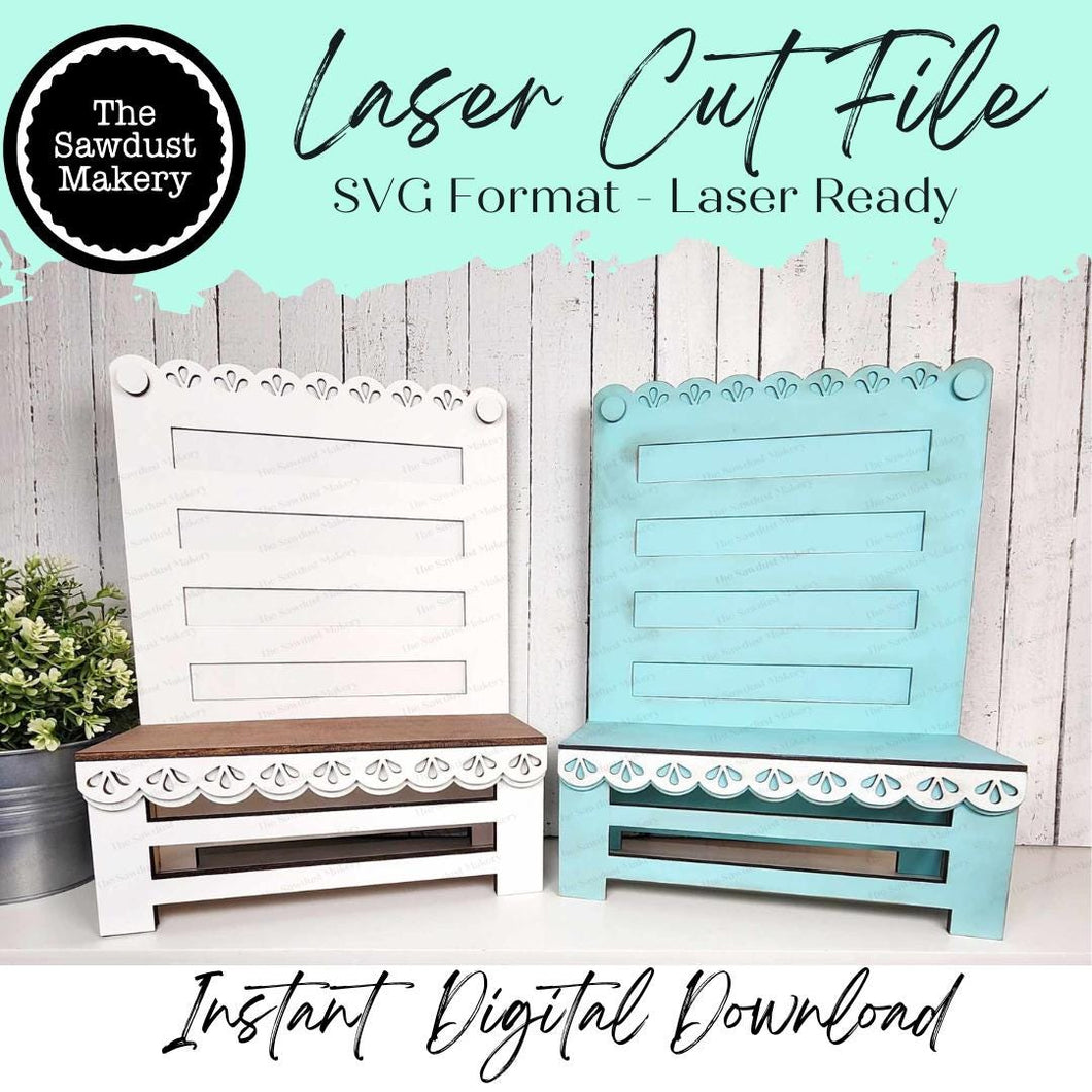 Farmhouse Scallop Trim Chair Display Stand SVG | Display Bench SVG | Laser Cut File | Tiered Tray Holder SVG | Home Decor Mantle svg file