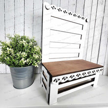 Load image into Gallery viewer, Farmhouse Scallop Trim Chair Display Stand SVG | Display Bench SVG | Laser Cut File | Tiered Tray Holder SVG | Home Decor Mantle svg file
