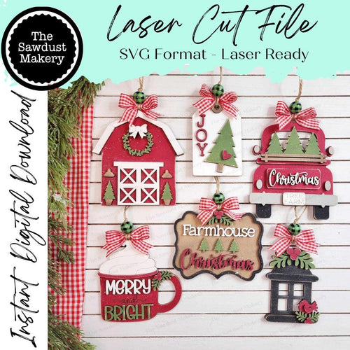 Country Farmhouse Christmas Ornament Set Laser Cut SVG File | Christmas Ornaments | Laser SVG File | Barn svg | Christmas Truck SVG