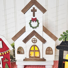 Load image into Gallery viewer, Farmhouse Christmas Votive Shelf Sitter SVG File | Laser Cut File | Christmas SVG | Barn SVG | Votive Candles | Christmas Lantern svg
