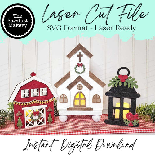 Farmhouse Christmas Votive Shelf Sitter SVG File | Laser Cut File | Christmas SVG | Barn SVG | Votive Candles | Christmas Lantern svg
