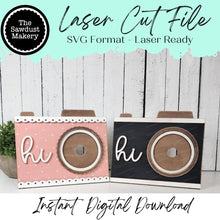 Load image into Gallery viewer, Interchangeable Camera 3&quot; Round Sign Shelf Sitter SVG | Laser Cut File | 3&quot; Round Insert Frame | Seasonal Interchangeable SVG
