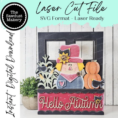 Add-on for Interchangeable Window Box | Scarecrow Hello Autumn Window Box Insert SVG | Laser Cut File | Window Box Shelf Sitter