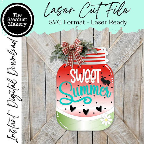 Hello Summer Watermelon Mason Jar Door Hanger SVG File | Laser Cut File | Summer SVG File | Door Hanger svg | Watermelon SVG | Mason Jar