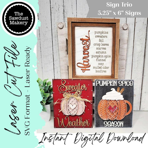 Sweater Weather Pumpkin Trio Sign Bundle Laser Cut File | Interchangeable Frame | Fall Sign Inserts | 5