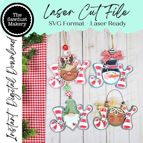 Candy Cane Joy Christmas Ornament Bundle SVG File | Laser Cut File | Gingerbread svg | Snowman svg | Gnome svg | Reindeer svg