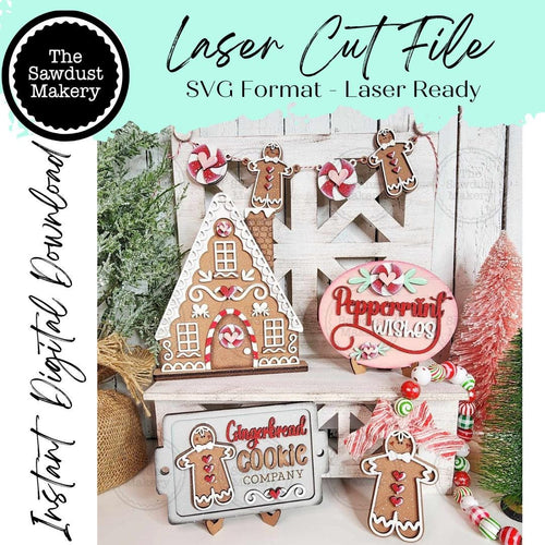 Gingerbread Christmas Decor Set Tiered Tray Display SVG File | Laser Cut File | Gingerbread House SVG | Peppermints | Gingerbread Cookies