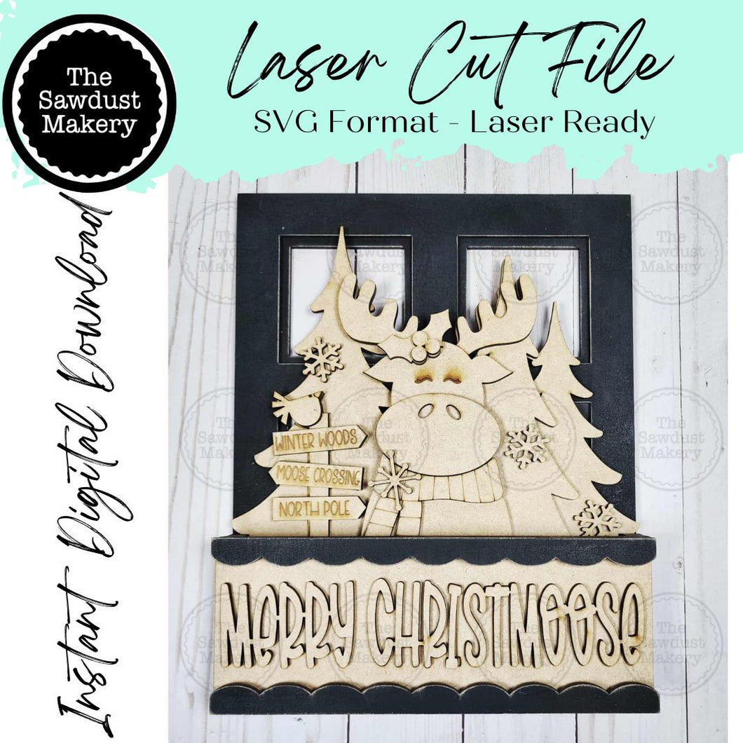 Add-on for Interchangeable Window Box | Moose Christmas Window Box Insert SVG | Laser Cut File | Window Box Shelf Sitter