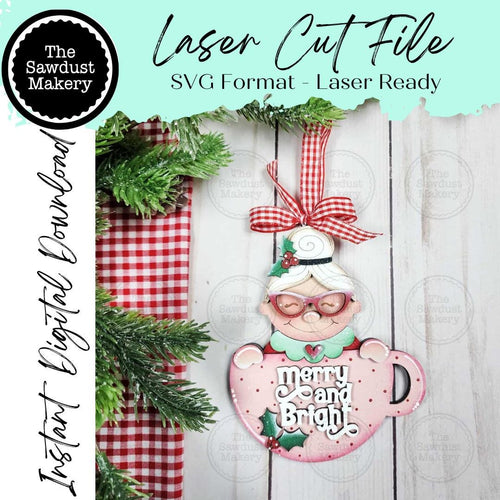 Mrs. Claus Tea Cup Christmas Ornament SVG File | Laser Cut File | Christmas Ornament SVG | Ornament SVG | Personalized