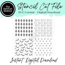 Load image into Gallery viewer, Digital Stencil Set | Halloween Vol 1 Stencils | Stencil SVG | Bats | Harlequin | Stars | Boo Stencil | Stencil File
