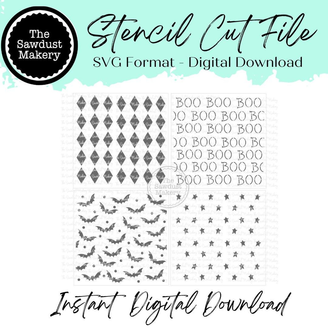 Digital Stencil Set | Halloween Vol 1 Stencils | Stencil SVG | Bats | Harlequin | Stars | Boo Stencil | Stencil File