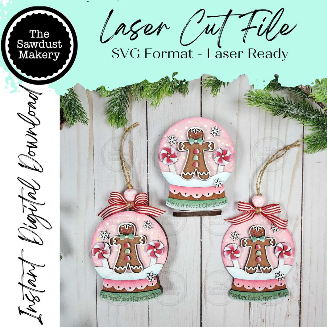 Gingerbread Kisses Christmas Lighted Snow Globe Ornament SVG File | Laser Cut File | Fairy Light Ornament svg | Ornament SVG
