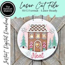 Load image into Gallery viewer, Gingerbread House Noel Light up Round Door Hanger Sign File SVG | Christmas Laser Cut File | Gingerbread Door Hanger | Gingerbread Svg
