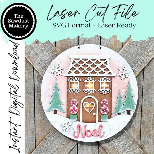 Gingerbread House Noel Light up Round Door Hanger Sign File SVG | Christmas Laser Cut File | Gingerbread Door Hanger | Gingerbread Svg