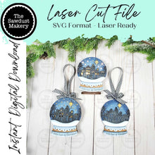 Load image into Gallery viewer, Bethlehem Lighted Snow Globe Ornament SVG File | Laser Cut File | Fairy Light Ornament svg | Ornament SVG | Nativity svg
