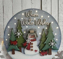 Load image into Gallery viewer, Snowman Warm Wishes Light up Round Door Hanger Sign File SVG | Christmas Laser Cut File | Winter Door Hanger | Snowman Svg | Winter svg
