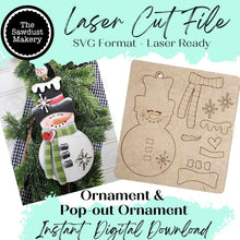 Load image into Gallery viewer, Snowman Scarf Ornament &amp; Pop Out Ornament Bundle SVG File | Laser Cut File | Pop-Out Christmas Ornament SVG | Snowman Laser Svg
