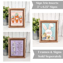Load image into Gallery viewer, Prim Bunny &amp; Carrot Easter Trio Sign Bundle Laser Cut File | Interchangeable Frame | Easter Sign Insert | 5" x 6.25" signs | Bunny Sign svg
