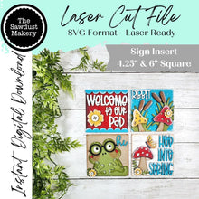 Load image into Gallery viewer, Frog Spring Sign Sign Bundle | Laser Cut File | 4.25" &amp; 6" Interchangeable Signs | Frog Sign Inserts | Spring Sign Bundle
