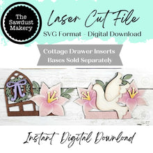 Load image into Gallery viewer, He is Risen Lily Cottage Drawer Insert SVG | Laser Cut File | Cottage Drawer Shelf Sitter | Seasonal Insert | Interchangeable Decor
