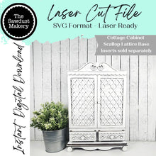 Load image into Gallery viewer, Cottage Cabinet Scallop Lattice Interchangeable Base SVG | Home Decor SVG | Laser Cut File | Interchangeable Shelf Sitter SVG
