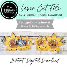 Load image into Gallery viewer, Sunflower Cottage Drawer Insert SVG | Laser Cut File | Cottage Drawer Shelf Sitter | Seasonal Insert | Interchangeable Decor
