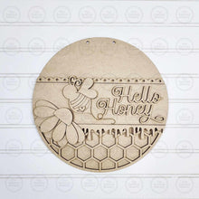Load image into Gallery viewer, Hello Honey Bee Honeycomb Door Hanger SVG | Digital download | Round door hanger | Laser Cut File | Bumblebee | Honey Bee Decor | Summer SVG
