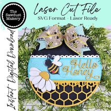 Load image into Gallery viewer, Hello Honey Bee Honeycomb Door Hanger SVG | Digital download | Round door hanger | Laser Cut File | Bumblebee | Honey Bee Decor | Summer SVG
