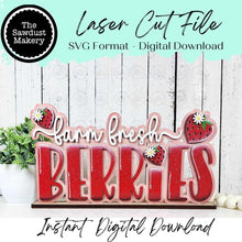 Load image into Gallery viewer, Fresh Berries Strawberry Word Art Shelf Sitter Standing File SVG | Summer Laser Cut File | Strawberry decor | Strawberry SVG
