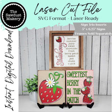 Load image into Gallery viewer, Strawberry Trio Sign Bundle Laser Cut File | Interchangeable Frame | Summer Sign Inserts | 5" x 6.25" signs | Strawberry Signs | Berries
