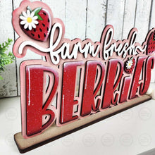 Load image into Gallery viewer, Fresh Berries Strawberry Word Art Shelf Sitter Standing File SVG | Summer Laser Cut File | Strawberry decor | Strawberry SVG
